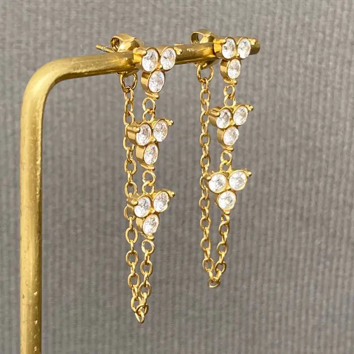 Zircon Inlaid Chain 18K Gold Plated Ss Post Earrings
