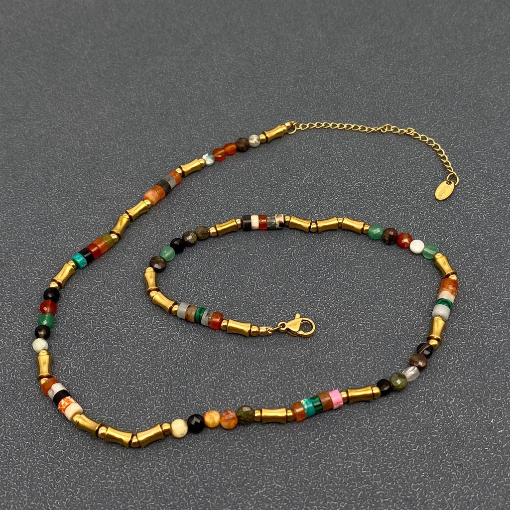 Crystal & Stone & 18K Gold Plated Ss Beaded Necklace