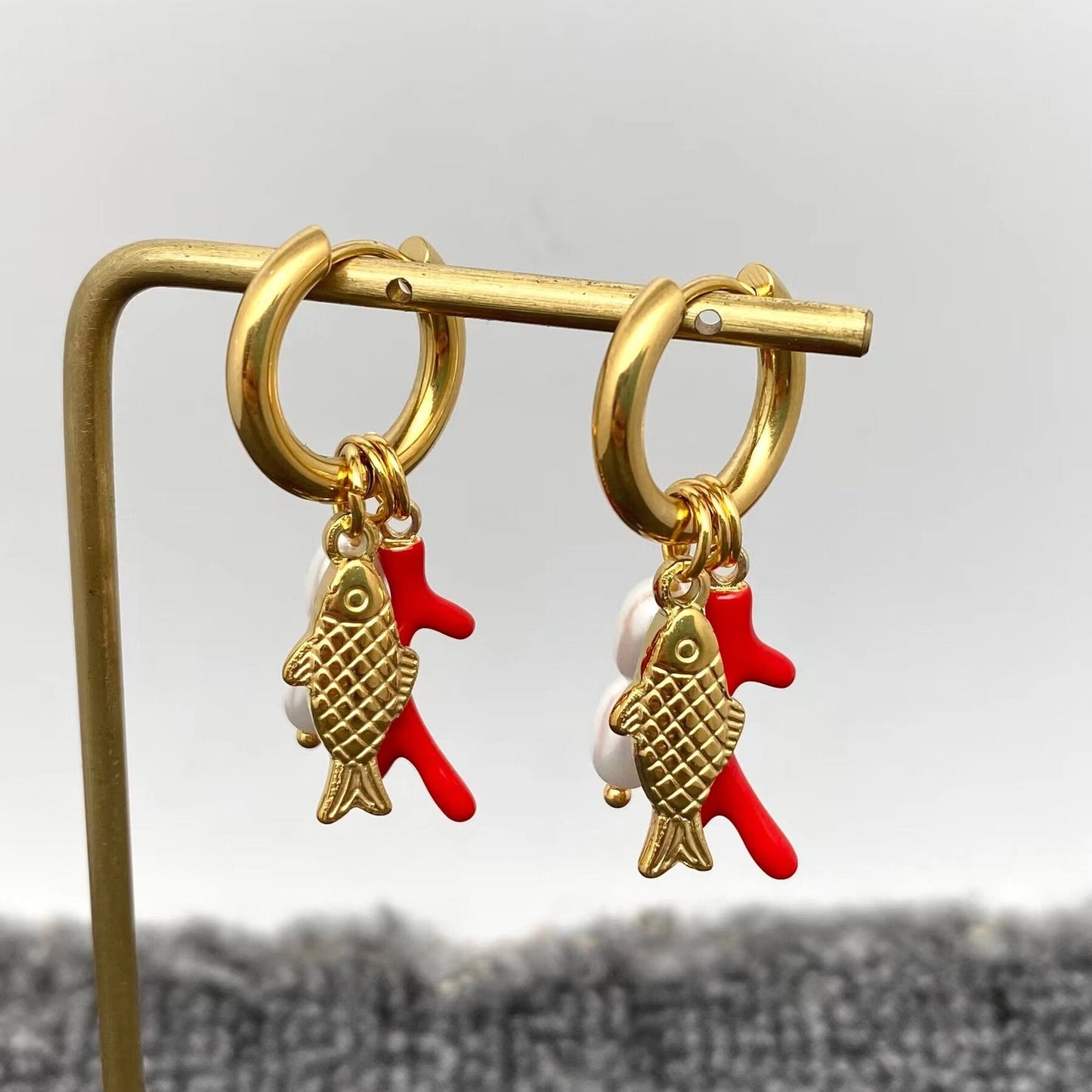 Fish & Pearls & Coral 18K Gold Plated Ss Huggie Earrings