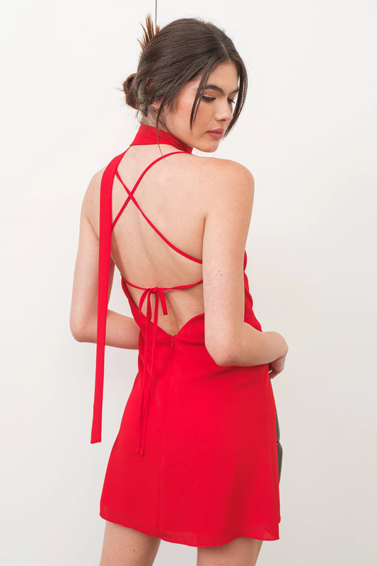 Open Back Mini Dress with Skinny Scarf