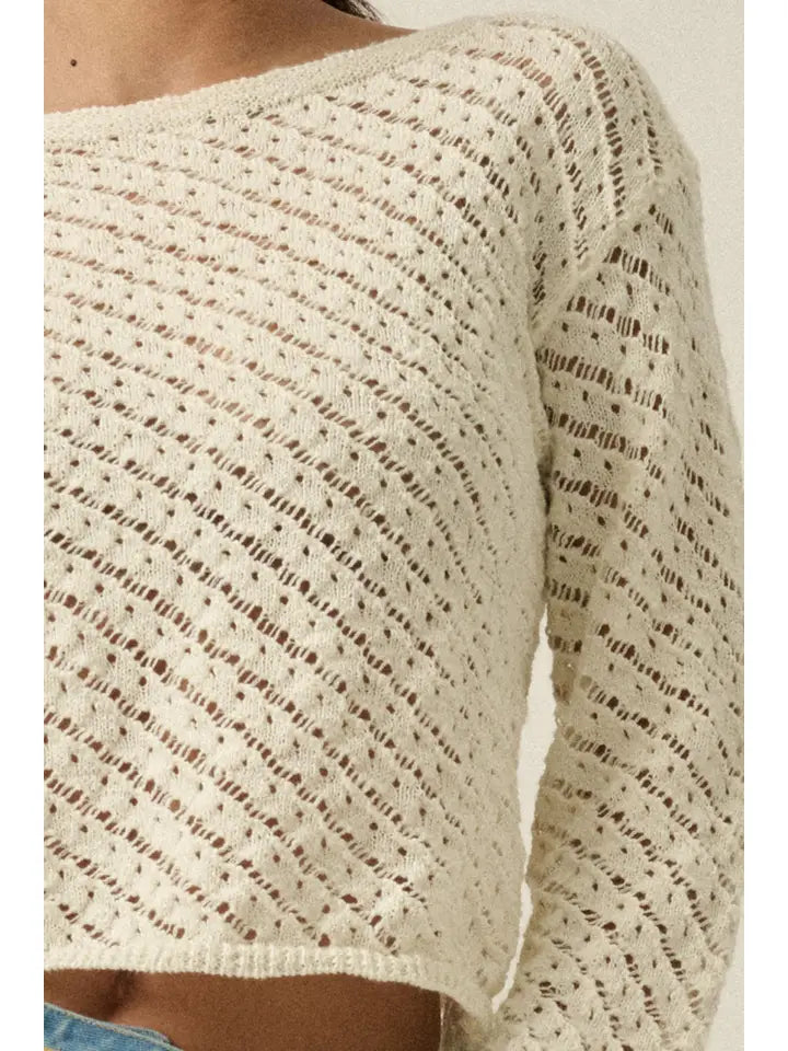 Solid Crochet-Knit Bell-Sleeve Cropped Sweater