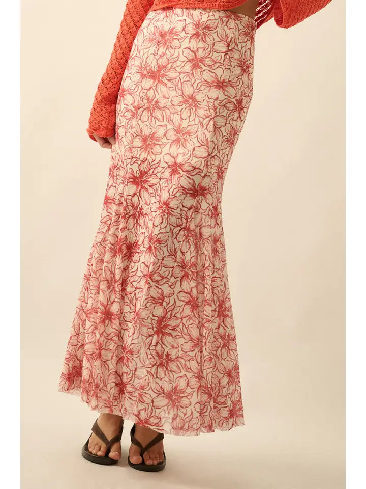 Floral Print Mesh Godet Pleated Mermaid Maxi Skirt