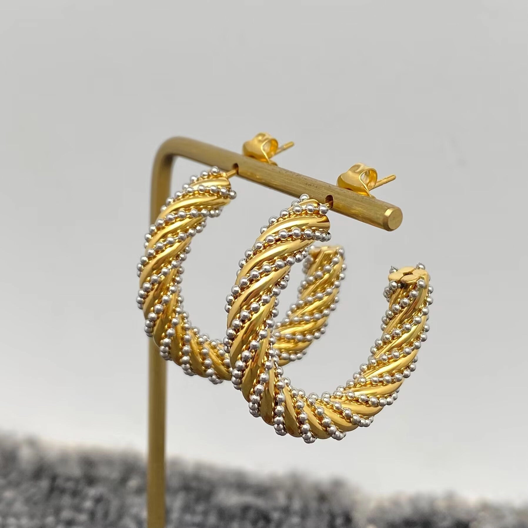 Steel Ball 18K Gold Plated Ss Twist Hoop Earrings