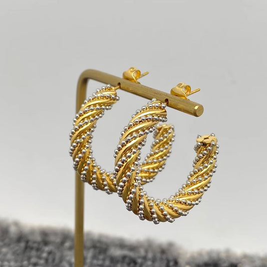 Steel Ball 18K Gold Plated Ss Twist Hoop Earrings