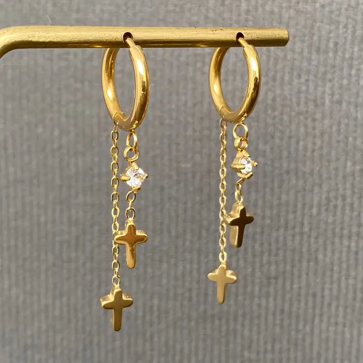 Double Cross 18K Gold Plated S.Steel Huggie Earrings
