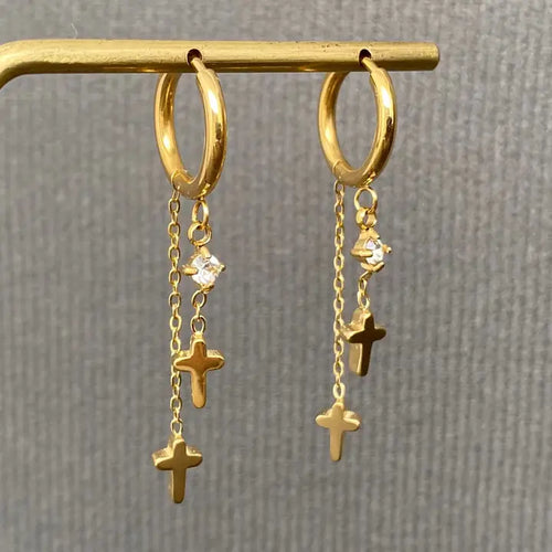Double Cross 18K Gold Plated S.Steel Huggie Earrings