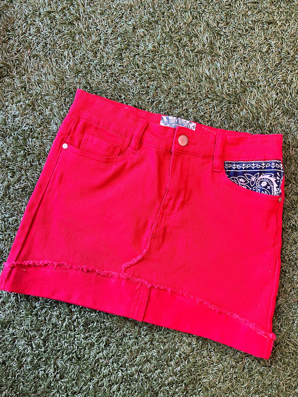 OOAK Red Bandana Trim Denim Skirt