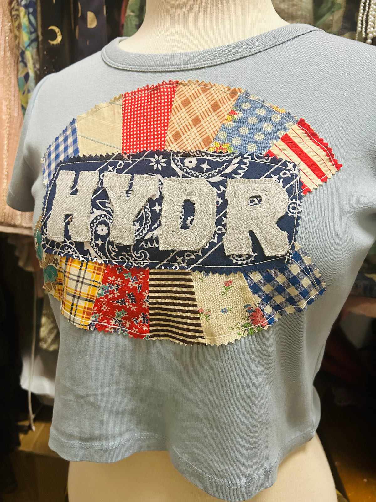 Libby Story “Hell Yeah, Damn Right” Patchwork Cropped Tee