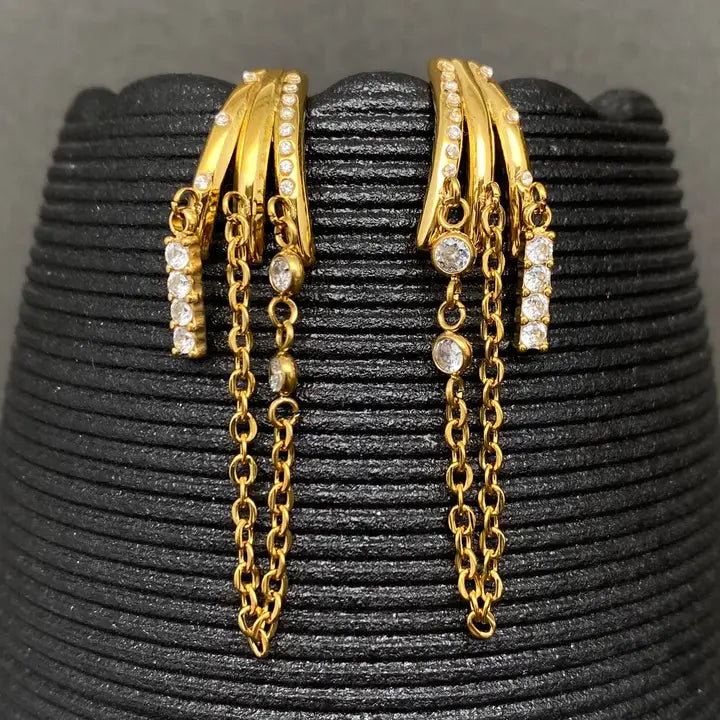 Zircon Inlaid Chain Fringe 18K Golden Ss Stud Earrings