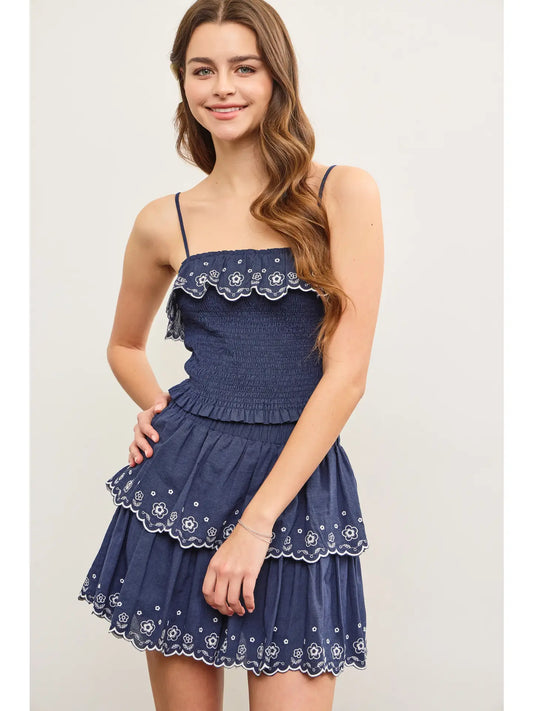 Embroidered Ruffle Smocked Cami Top