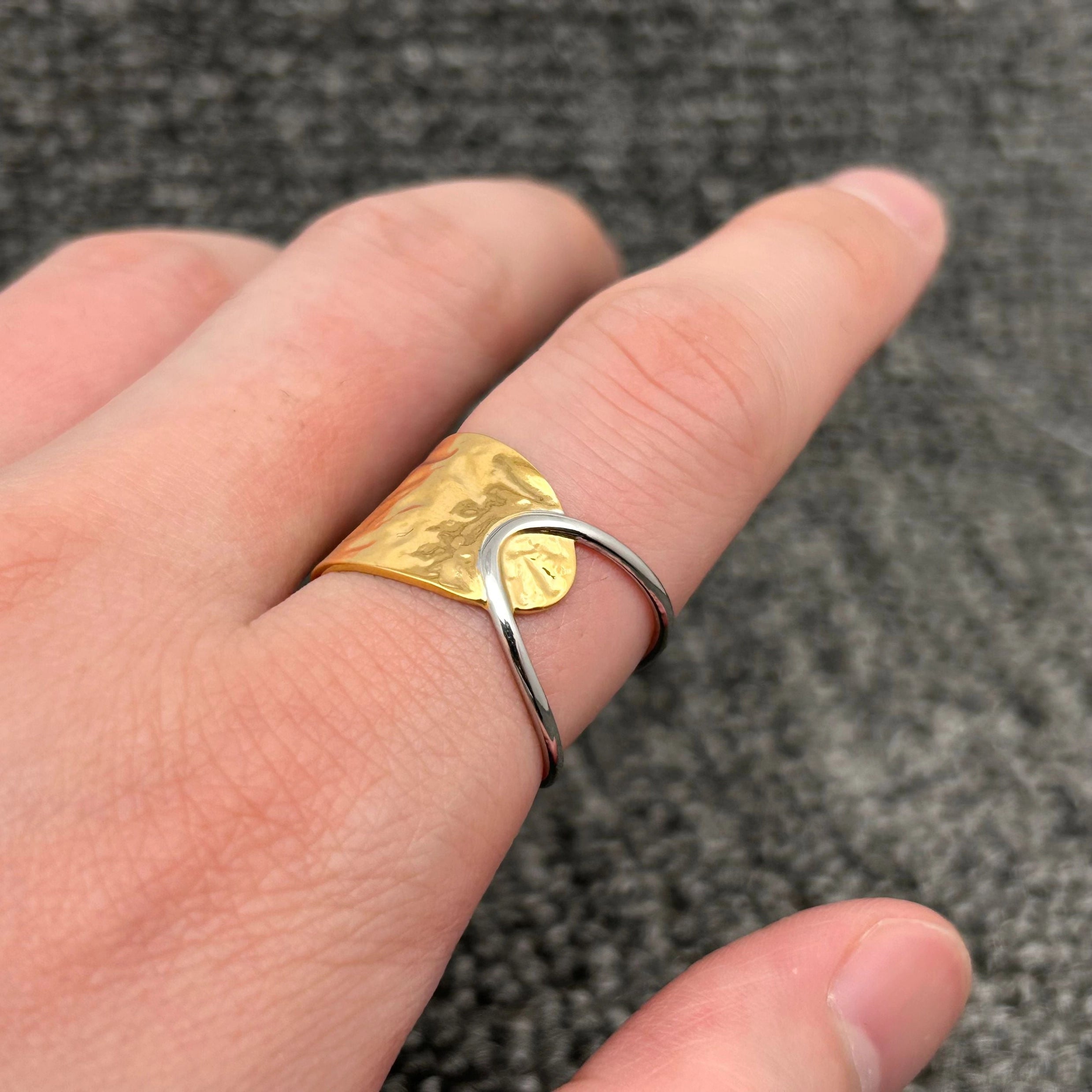 18K Gold Plated S.Steel Two Tone Half Hollow Ring