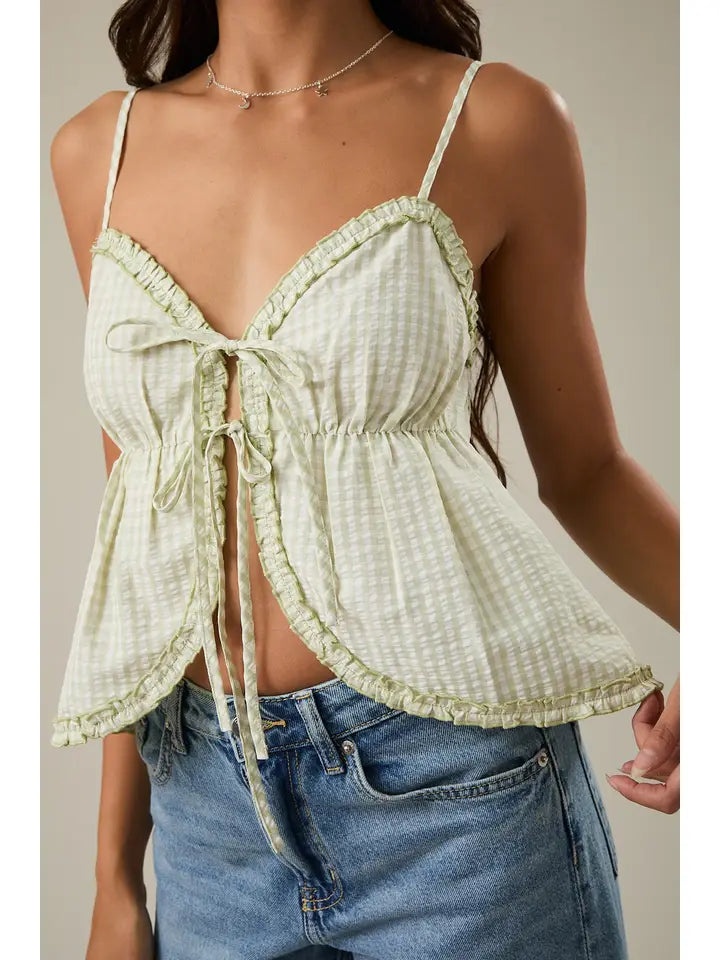 Tie Front Ruffle Trim Tank Top