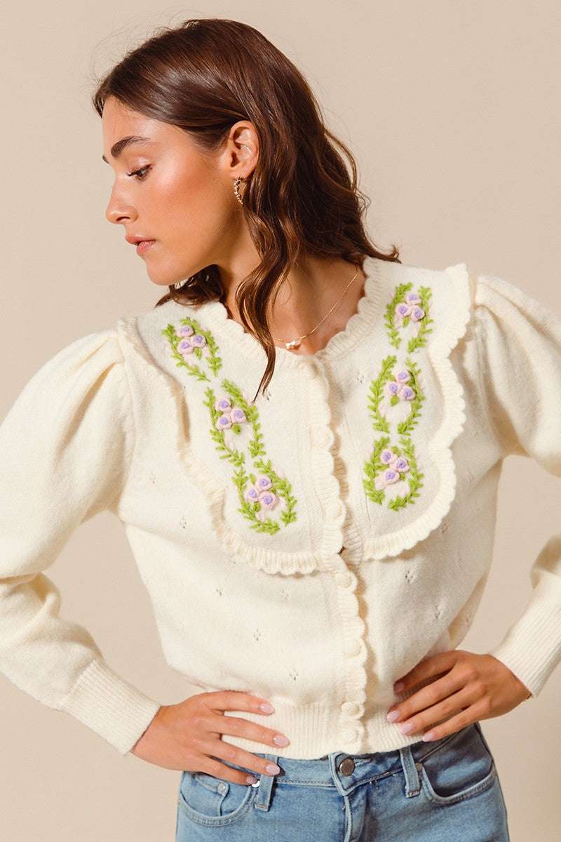 Floral Embroidered Sweater with Scalloped Edge