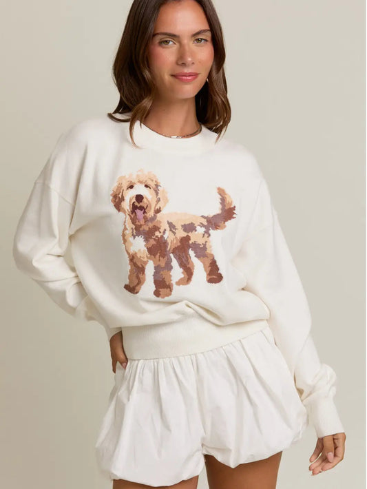Long Sleeve Crew Neck Puppy Graphic Sweater