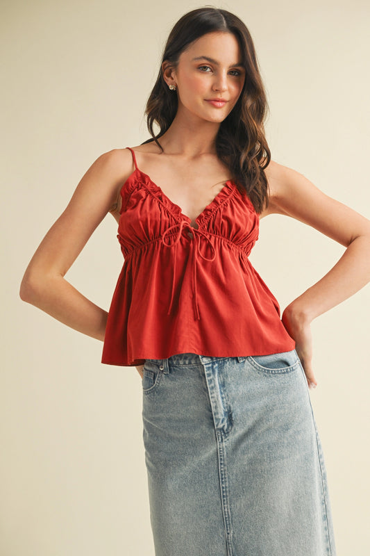 Elastic Ruffle V Neck Tied Cami Top