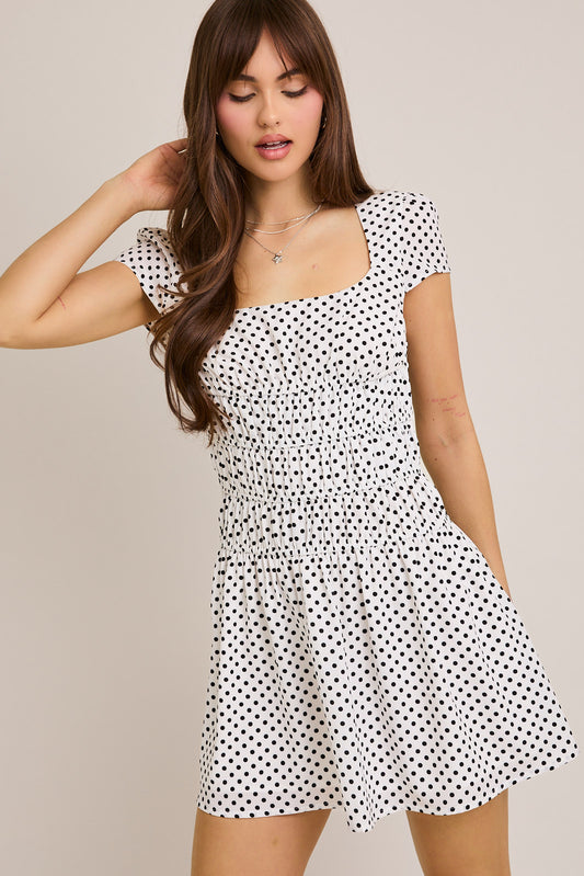 Square Neck Ruched Mini Dress with Short Cap Sleeve