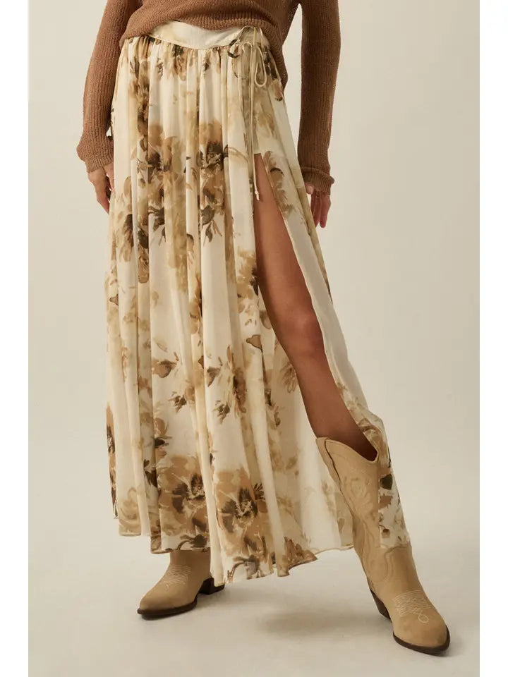Floral Print Chiffon Tie Waist Maxi Skort