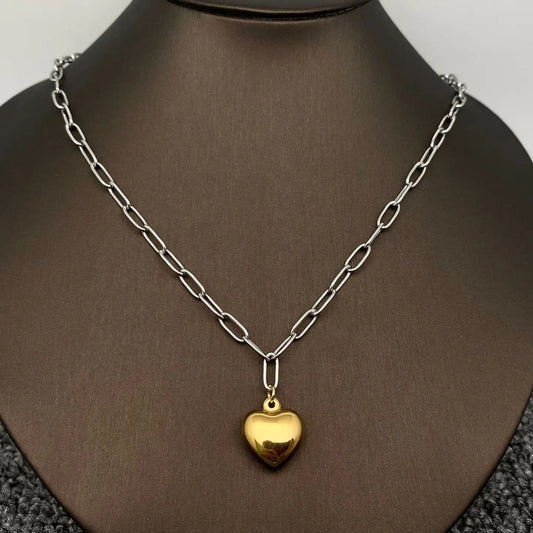 18K Gold Plated Heart Charm Steel Chain Necklace