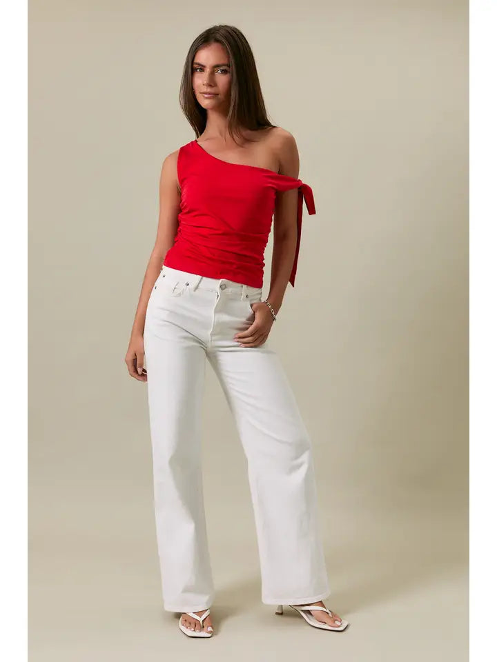 Self Double One Shoulder Tie Detail Top