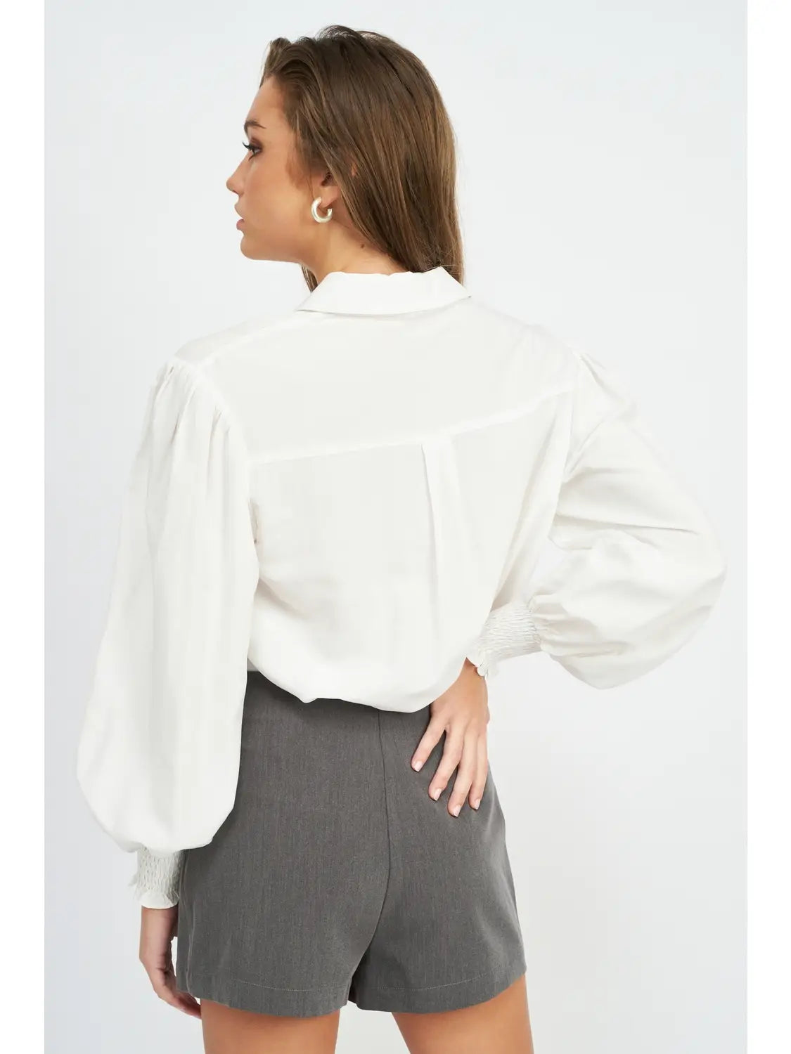 Button Up Collared Blouse with Smocking