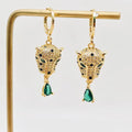 Green Eye Cubic Zirconia Gold Leopard Head Huggie Earrings