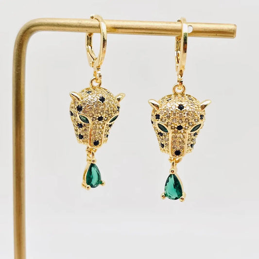 Green Eye Cubic Zirconia Gold Leopard Head Huggie Earrings
