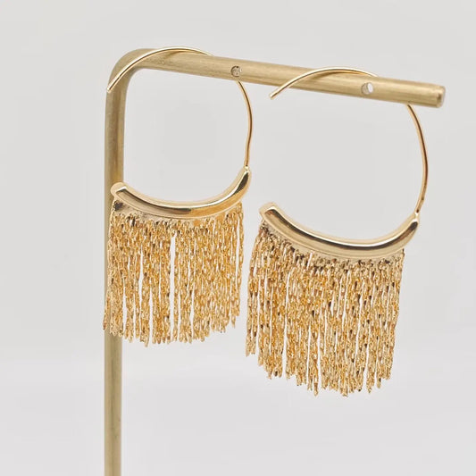 Gold Plated Metal Chain Tassel Hoop Earrings