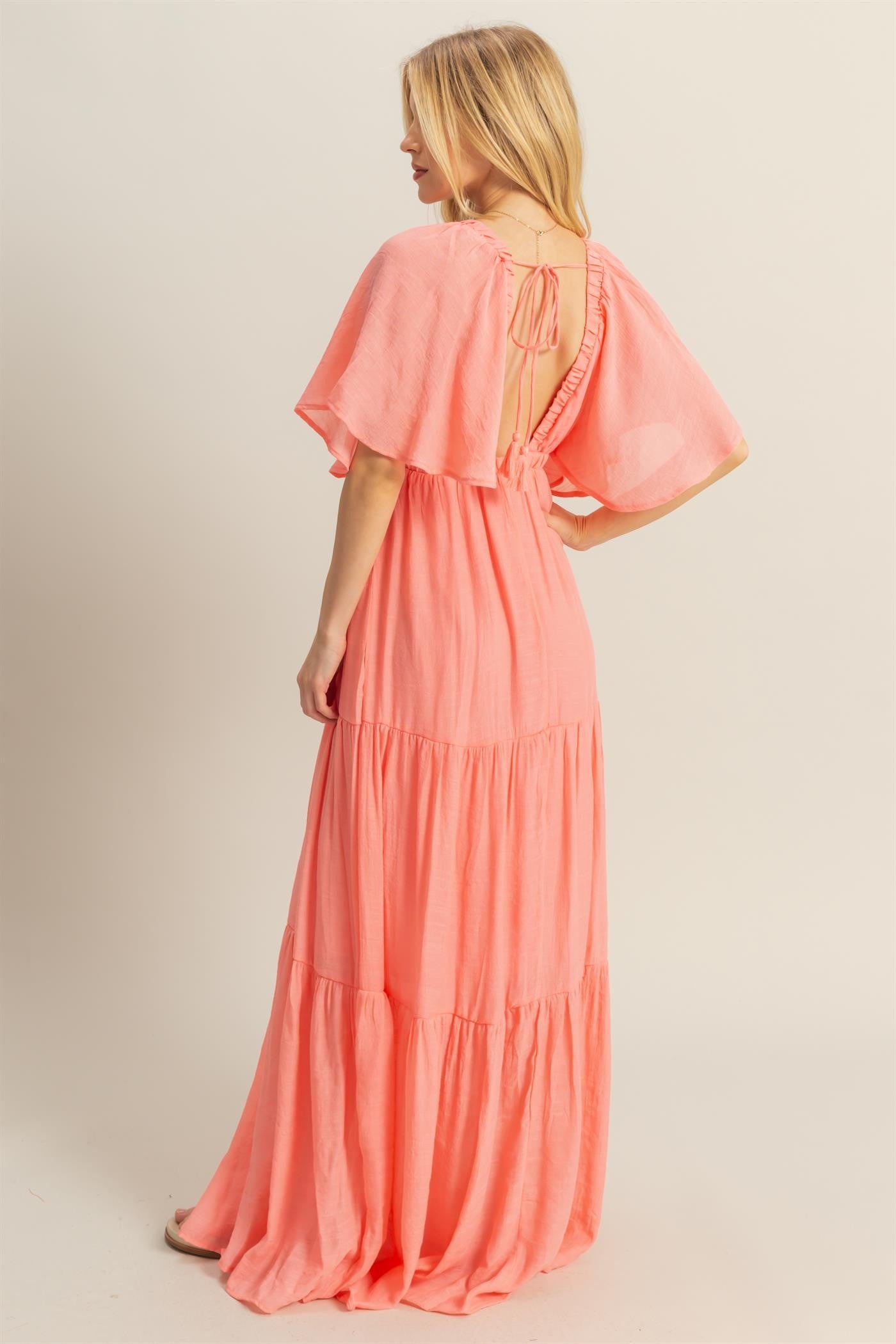 V-Neck Flowy Sleeves Tiered Maxi Dress