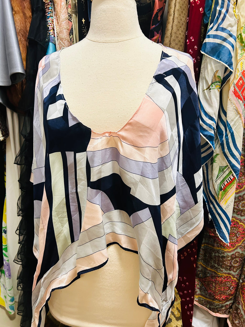 OOAK Vintage Geo Silk Scarf Poncho or Top