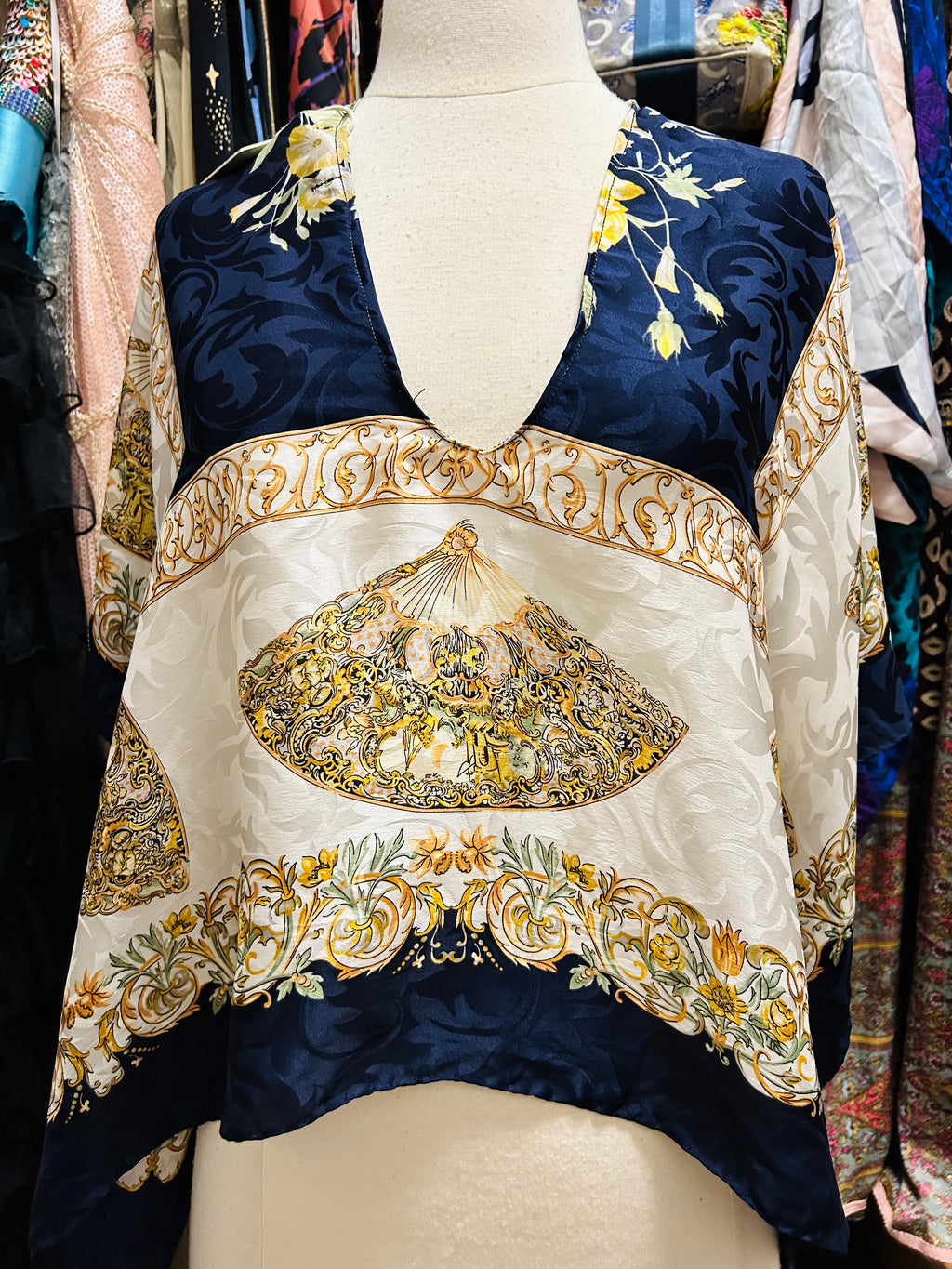 OOAK Fan Print Silk Scarf Top