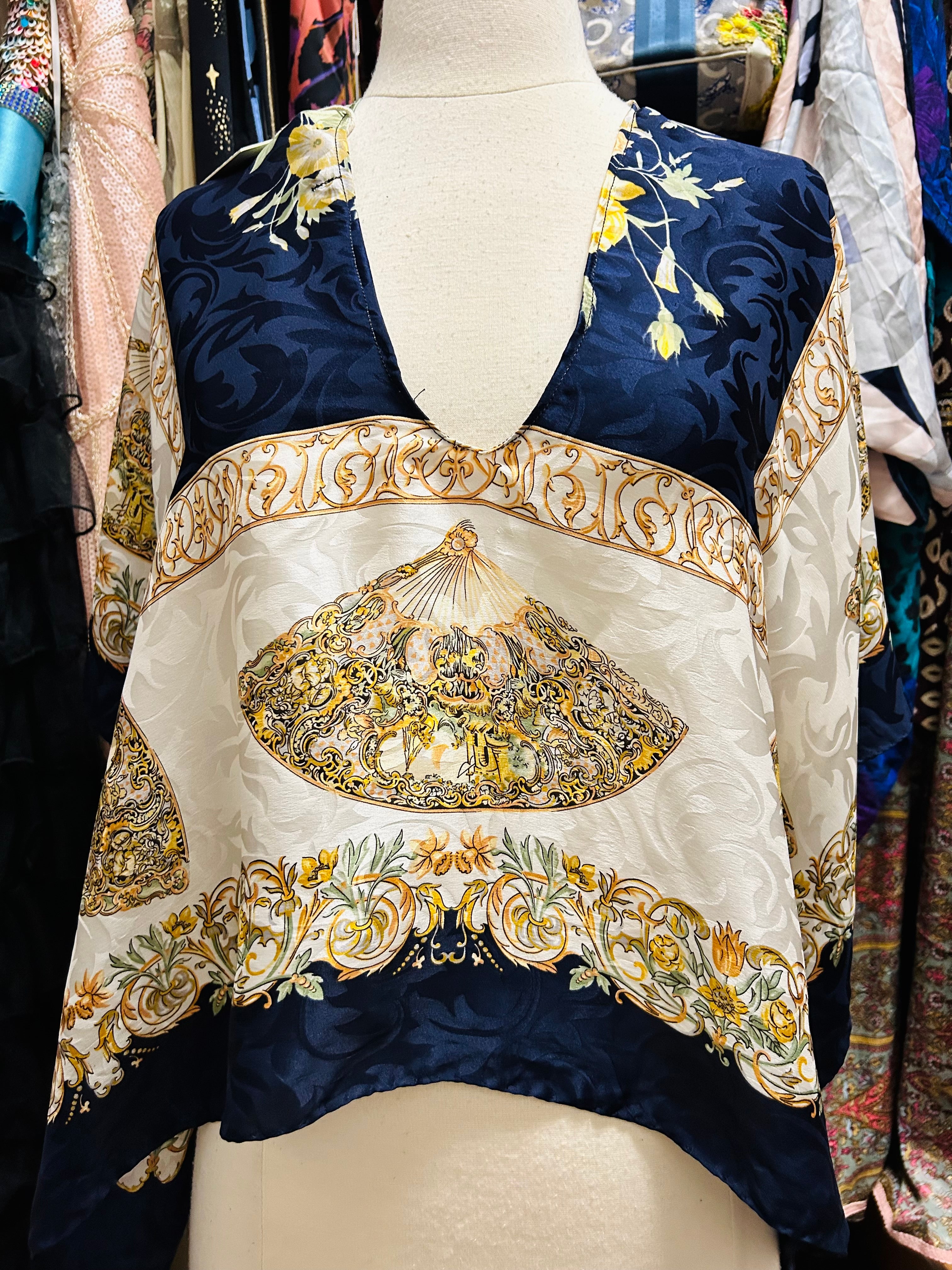 OOAK Fan Print Silk Scarf Top