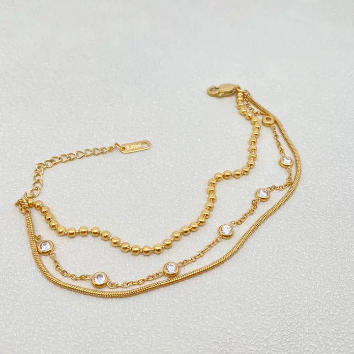 Inlaid Cz 3-layer 18K Gold-Plated Steel Chain Bracelet