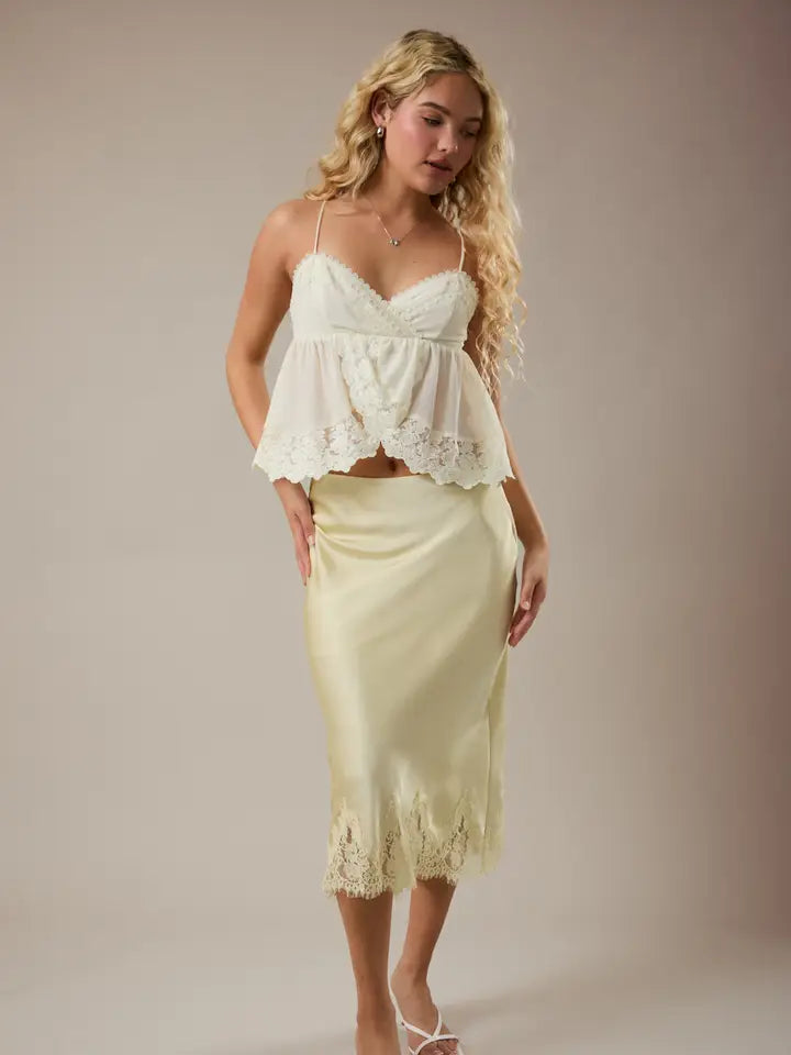 Lace Trim Bias Cut Midi Skirt