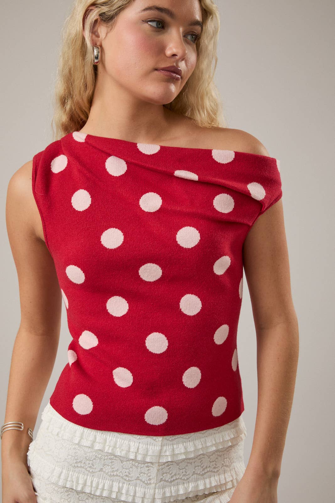 POLKA DOT DETAIL ASYMMETRICAL NECK SWEATER TOP