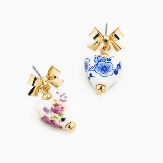 Gold Bow Ceramic Heart Drop Earrings