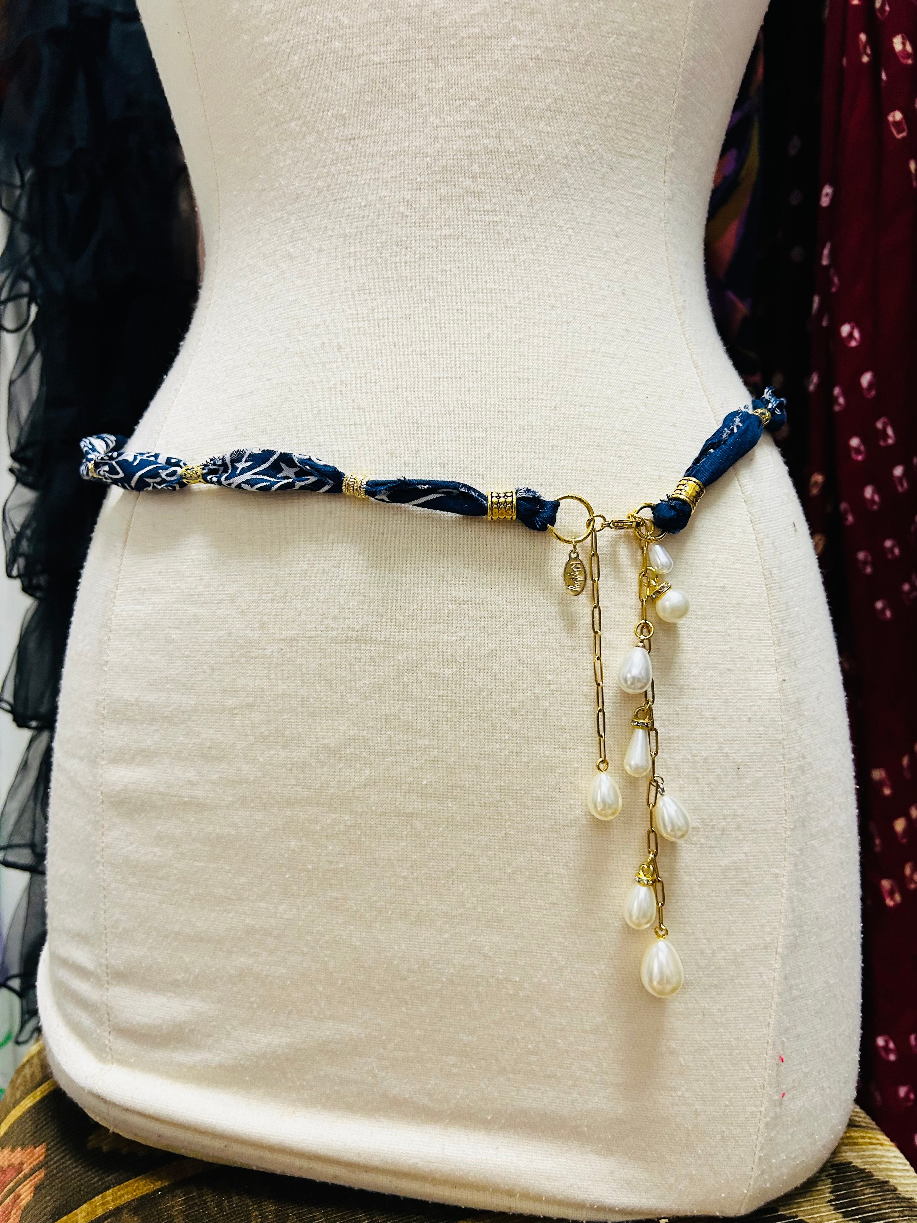 Handmade Bandana & Pearl Drop Necklace or Belt
