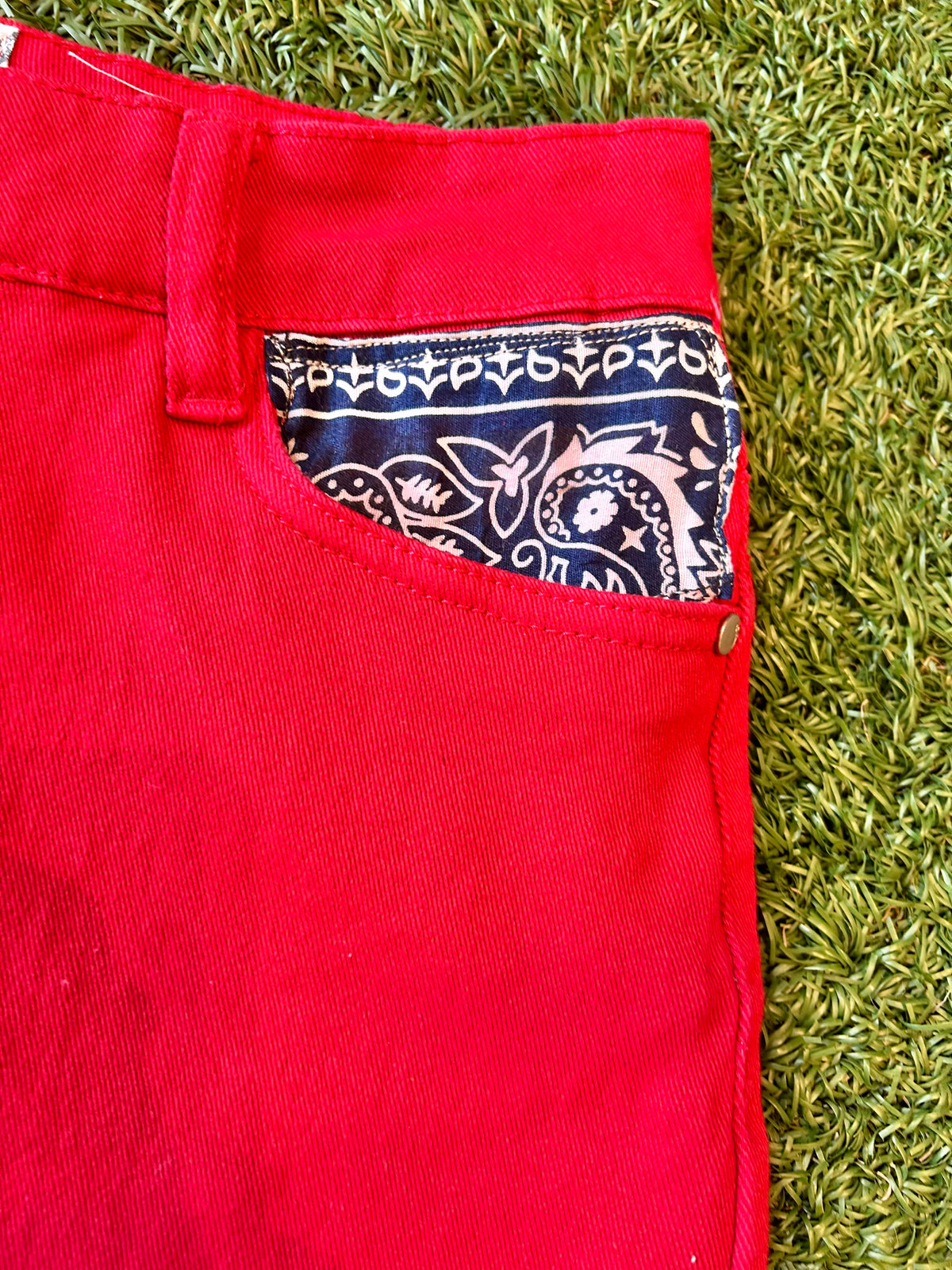 OOAK Red Bandana Trim Denim Skirt