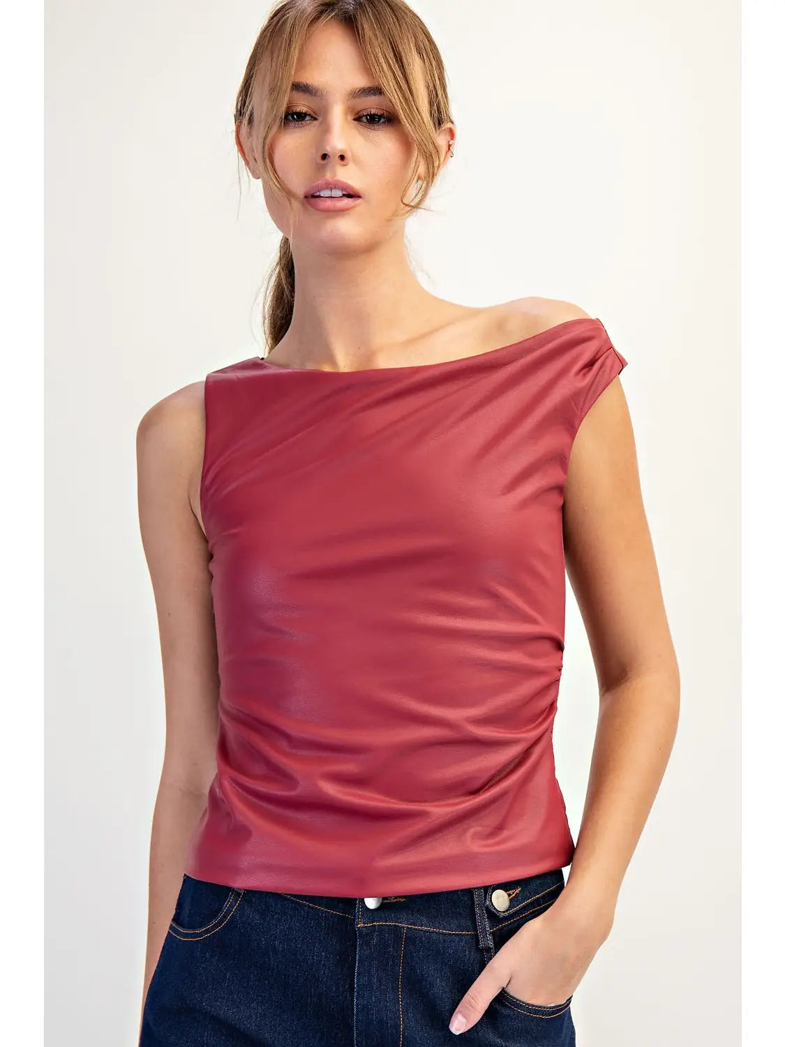 Asymmetric Shoulder Stretch Faux Leather Top