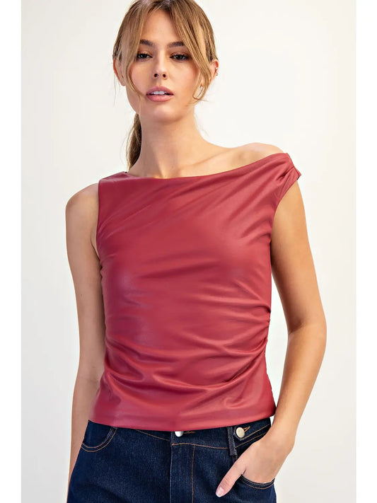 Asymmetric Shoulder Stretch Faux Leather Top