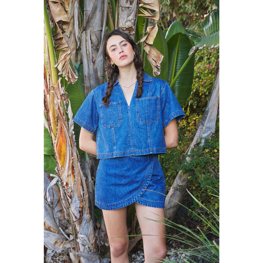 Washed Denim Wrap Front Mini Skort with Zipper