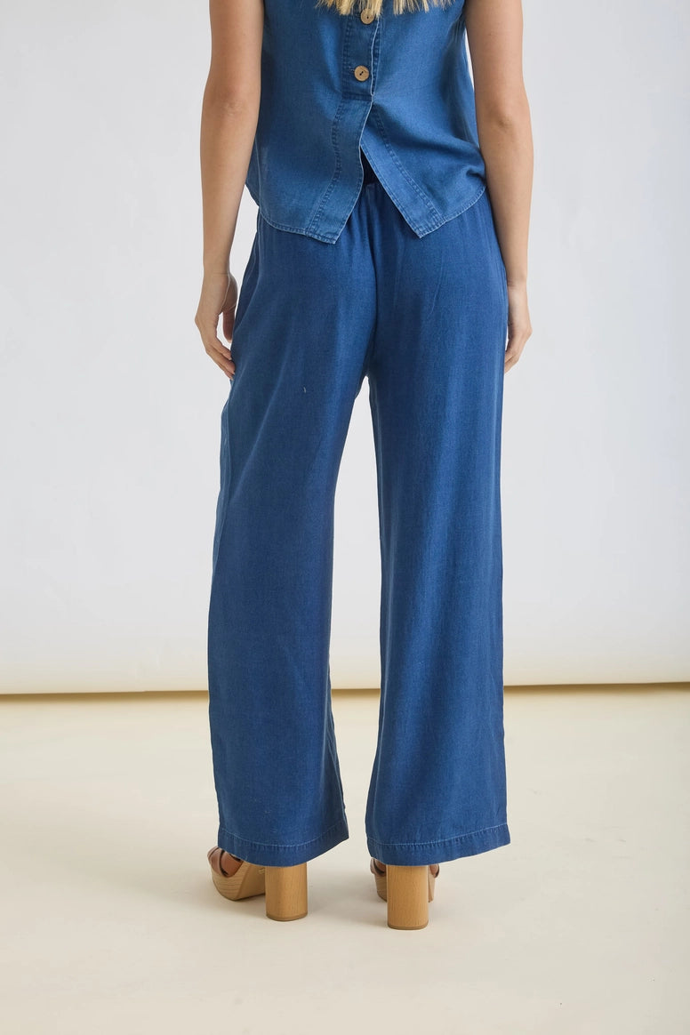 Chambray Elastic High Waist Wide Leg Pant