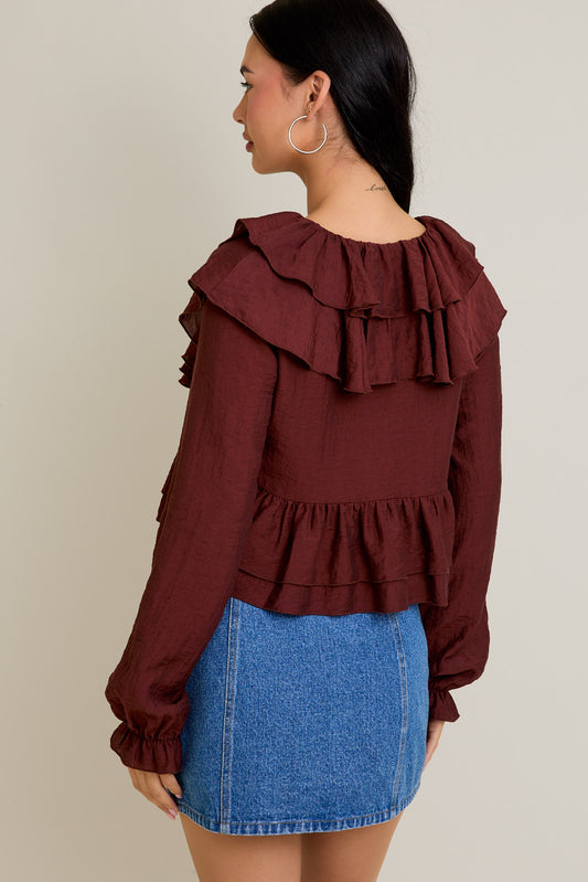 Long Sleeve V-Neck Ruffle Detail Crop Blouse