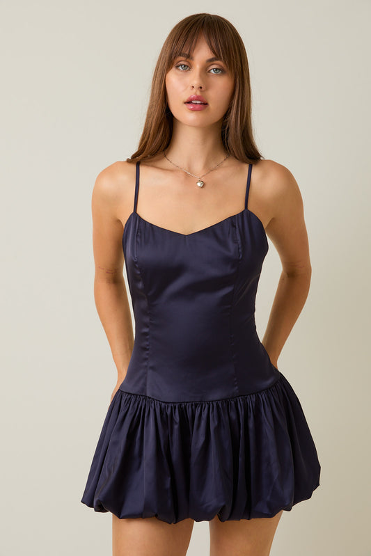 Spaghetti Strap Drop Waist Bubble Hem Satin Mini Dress