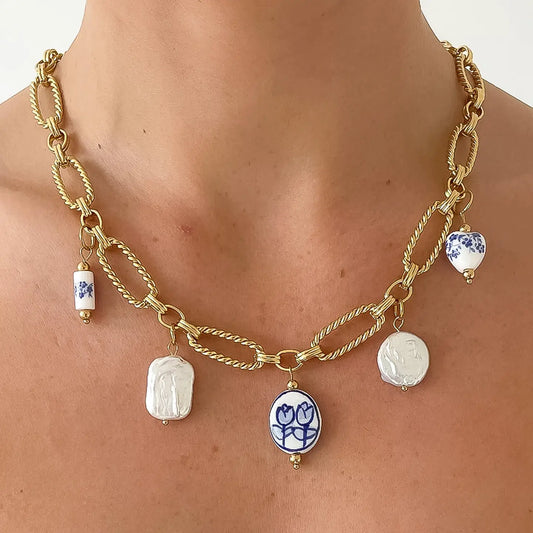 Riela 18K Gold Ceramic Floral Chain Necklace