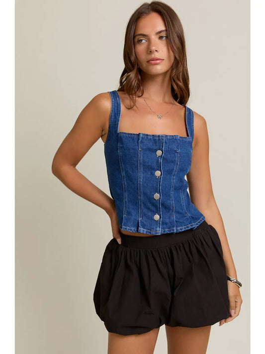 Front Pleated Detail Sleeveless Denim Top