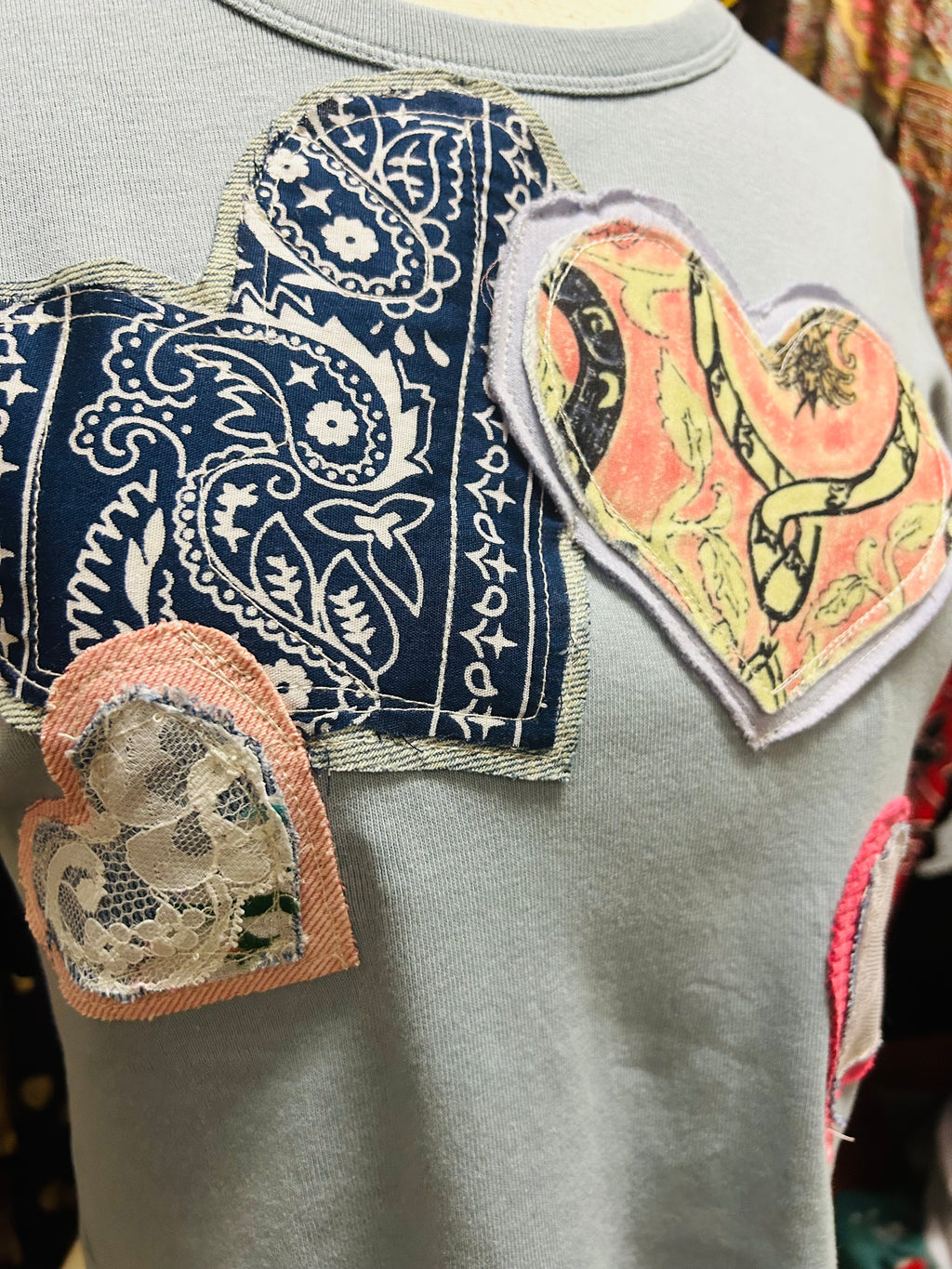 OOAK Bandana Denim & Stripe Heart Patch Crop Tee