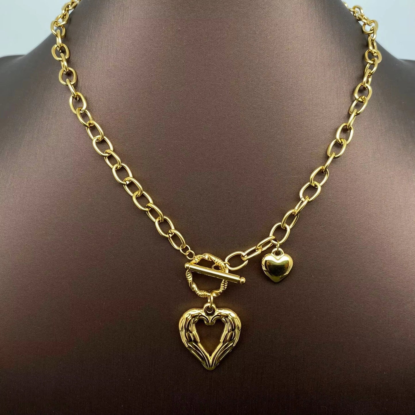 Double Heart Charm18K Gold Plated Ss Ot Buckle Necklace