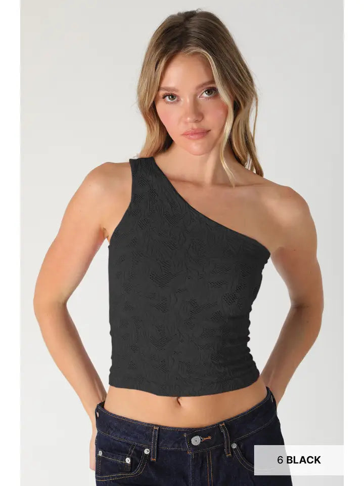 NikiBiki Textured Lace One Shoulder Top
