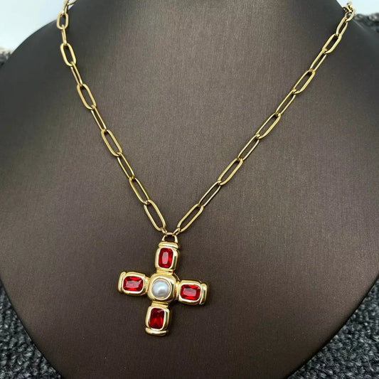 Red Zircon Cross Charm 18K Gold Plated Ss Necklace