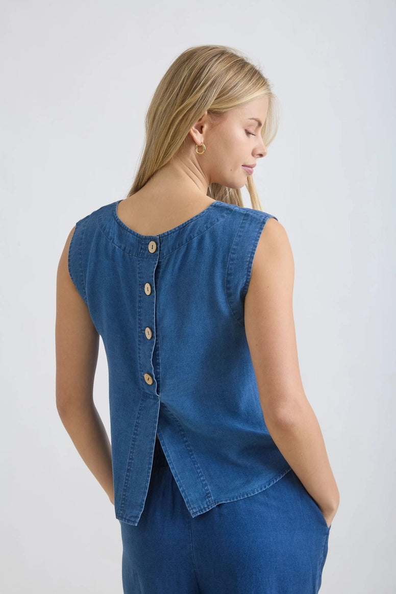 Chambray Back Half Button Detail Crop Top